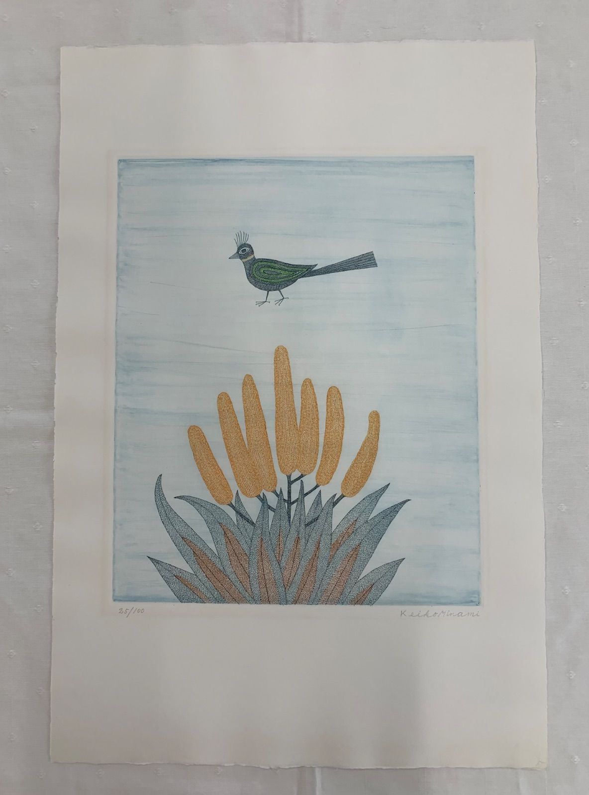 シートのみ 真作 花と鳥 尾の長い鳥 南桂子 Minami Keiko エッチング サンドペーパー 作家直筆サイン 版画 浜口陽三 版画