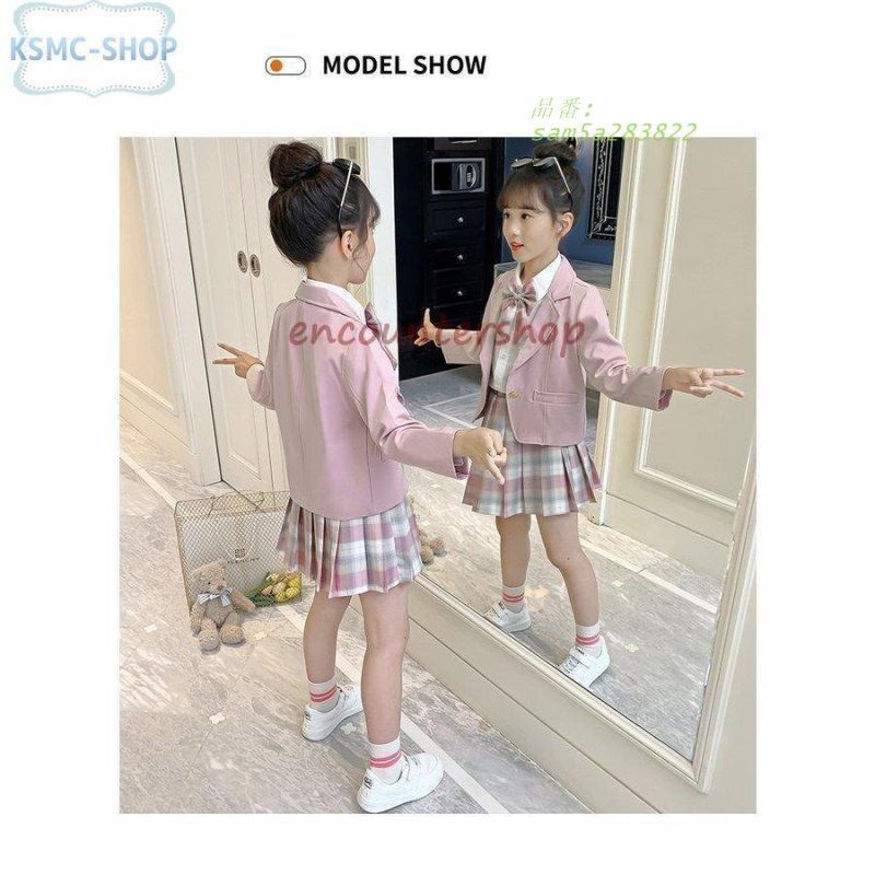 入学式 スーツ 女の子 卒園式 フォーマルスーツ 子供服 普段着 七五三 発表会 スカート チェック柄 カジュアル ジャケット 蝶ネクタイ am 5 a 283822