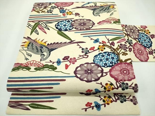 平和屋本店■極上　城間紅型　全通柄　九寸名古屋帯　松竹梅飛鶴文　上代22万　反端付き　逸品　未使用　CZAA2439s5 平和屋本店□極上 城間紅型 全通柄 九寸名古屋帯 松竹梅飛鶴文 上代22