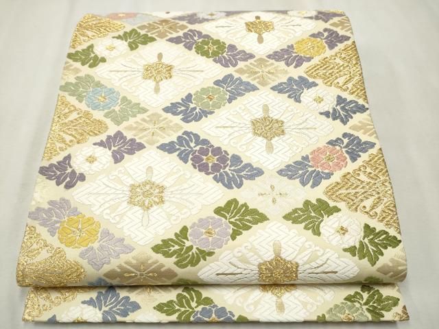 袋帯 金彩 美しい加工 唐織 正絹 AO-3645 袋帯 美品 秀品 加賀五彩美文様 金糸 箔 金色 六通 正絹 【中古