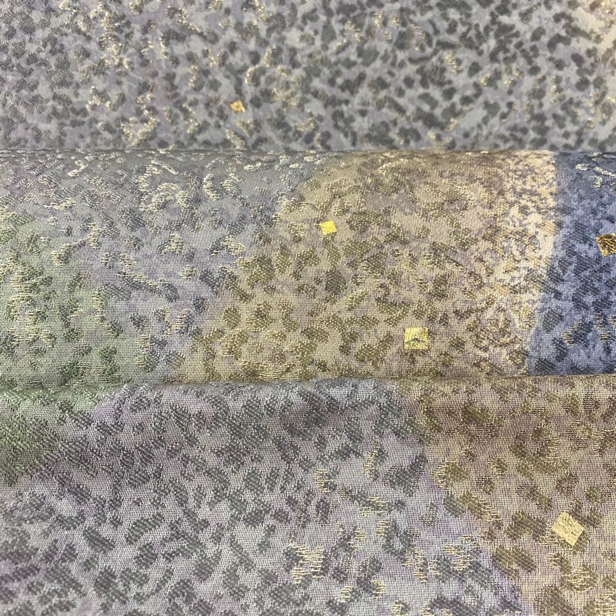 袋帯 美品 秀品 幾何学 金糸 箔 茶緑色 全通 正絹 【中古
