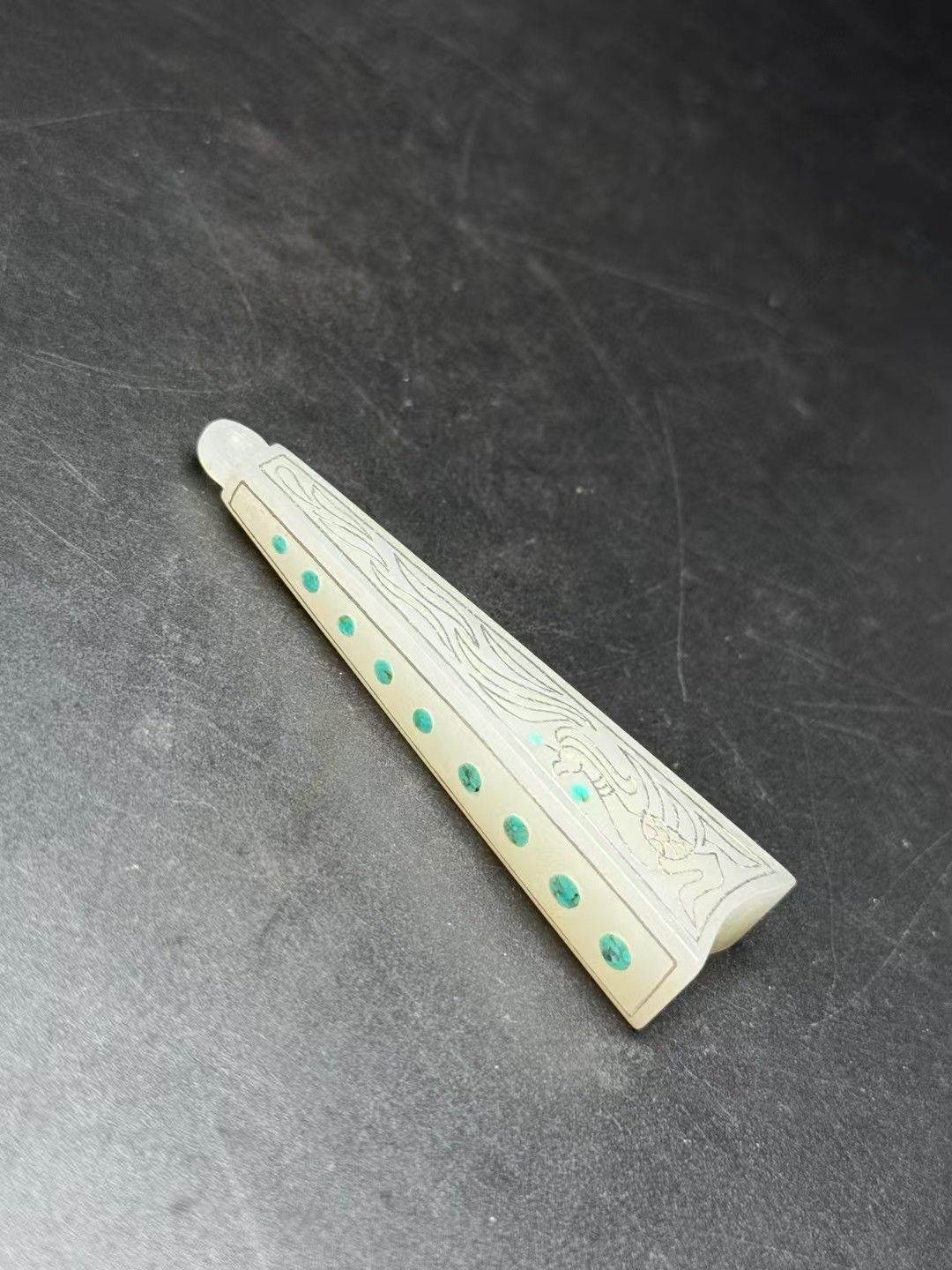 中国古美術.旧蔵品.古和田玉花翎管.銀線掐絲.寶石嵌.古時期飾品.賞物.中国古玩