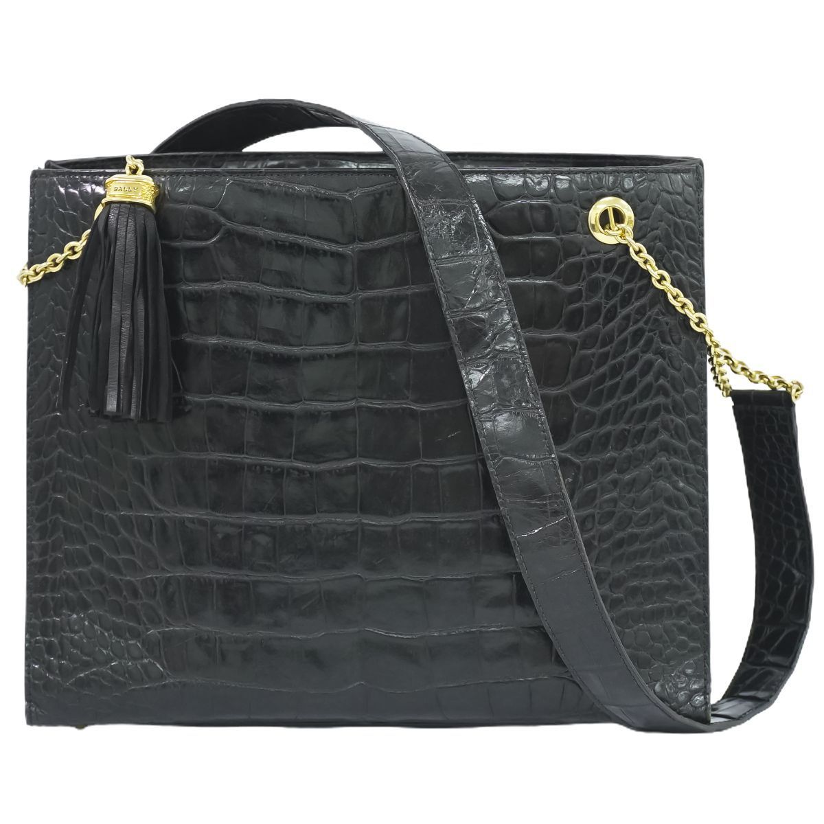 BALLY ショルダーバッグ クロコダイル ブラック ゴールド金具 レザー 