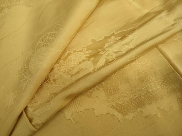 平和屋着物●上質な色無地 御所車風景草花地紋 黄朽葉色 正絹 DAAY5224ud