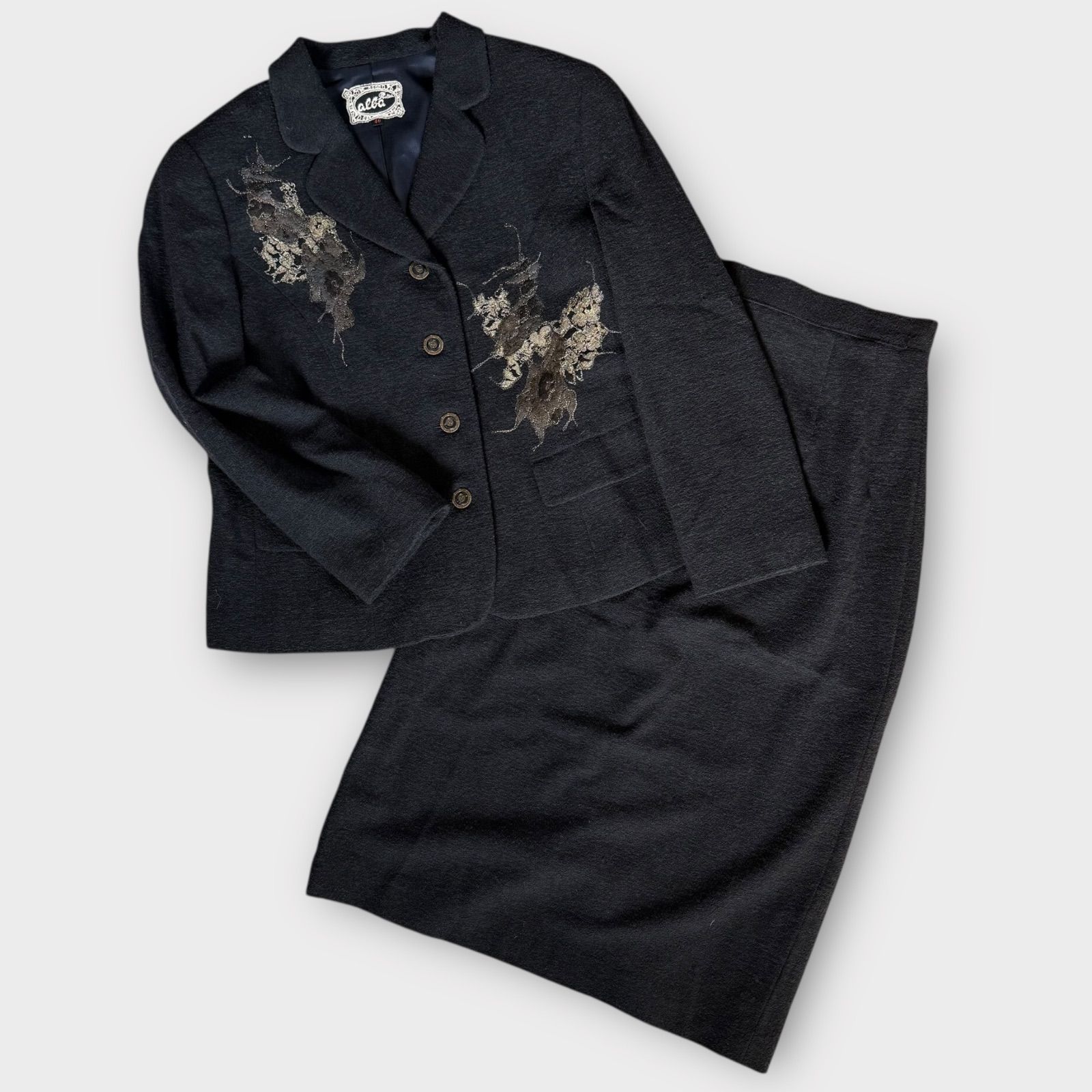 インポートロッサアルバ ウール混 レース装飾スーツ スカートスーツ 13号 大きいサイズ フランスレース