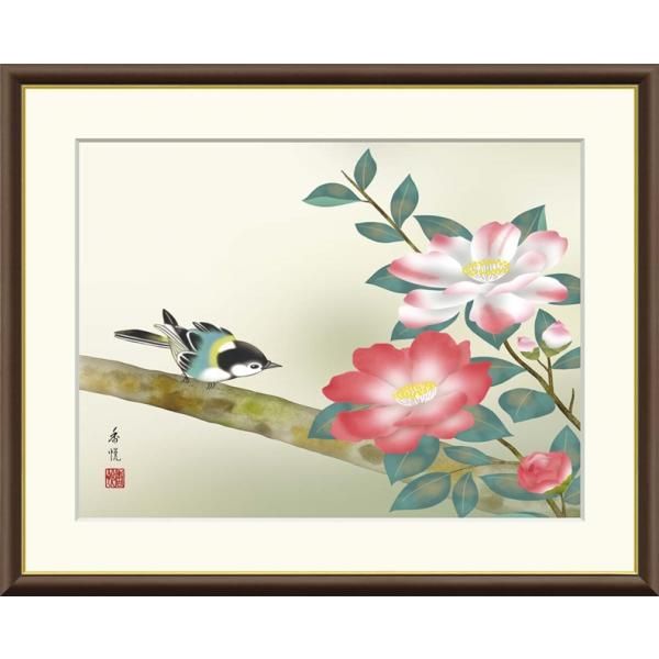 高精細デジタル額装版画 現代日本画 花鳥画 冬飾り 「 山茶花 」 サイズ F6号