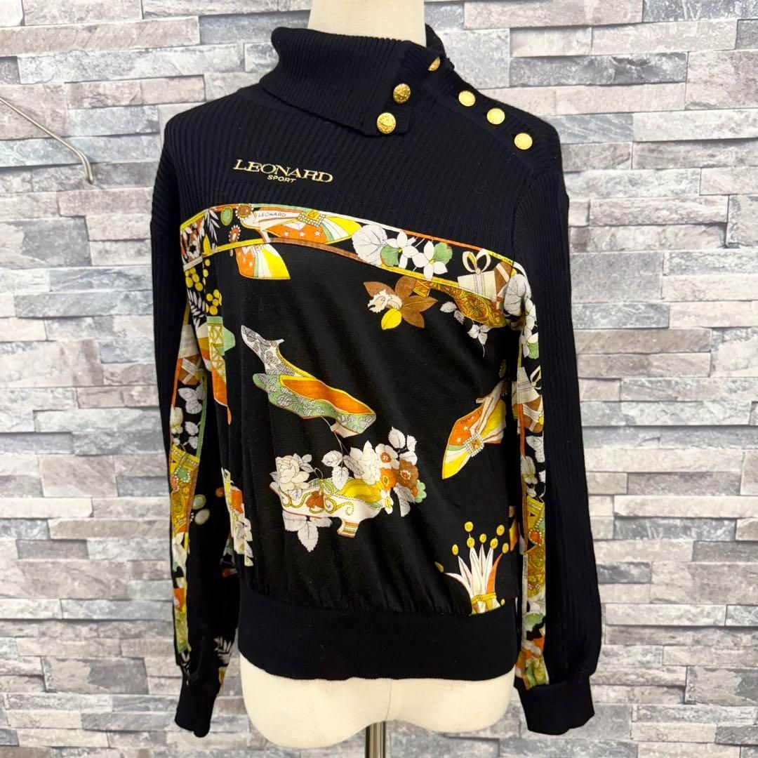 金ボタン花柄ウールカットソー