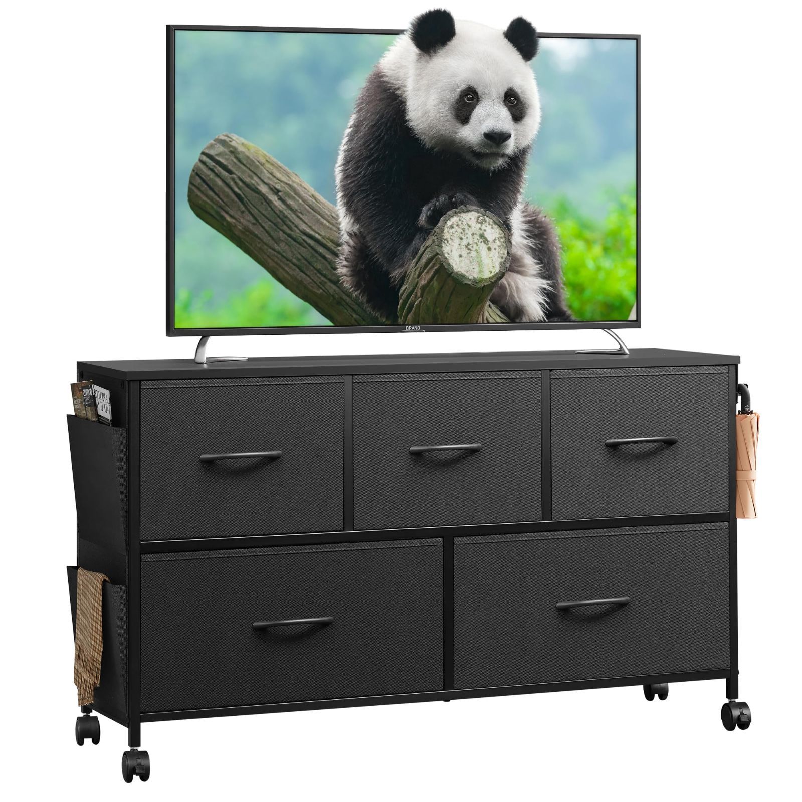 洋服タンス 大容量 引き出し 布製 衣類収納 収納チェスト おしゃれ 北欧 リビング収納 ローチェスト シンプル 箪笥 2段5杯 サイドポケット付き ブラック キャスター付き タンス ASNG607 チェスト WLIVE