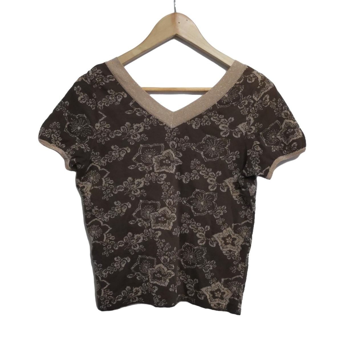 FERRAGAMO|SalvatoreFerragamo サルバトーレフェラガモ 半袖セーター サイズM レディース - ダークブラウン×ベージュ Vネック|花柄|ラメ