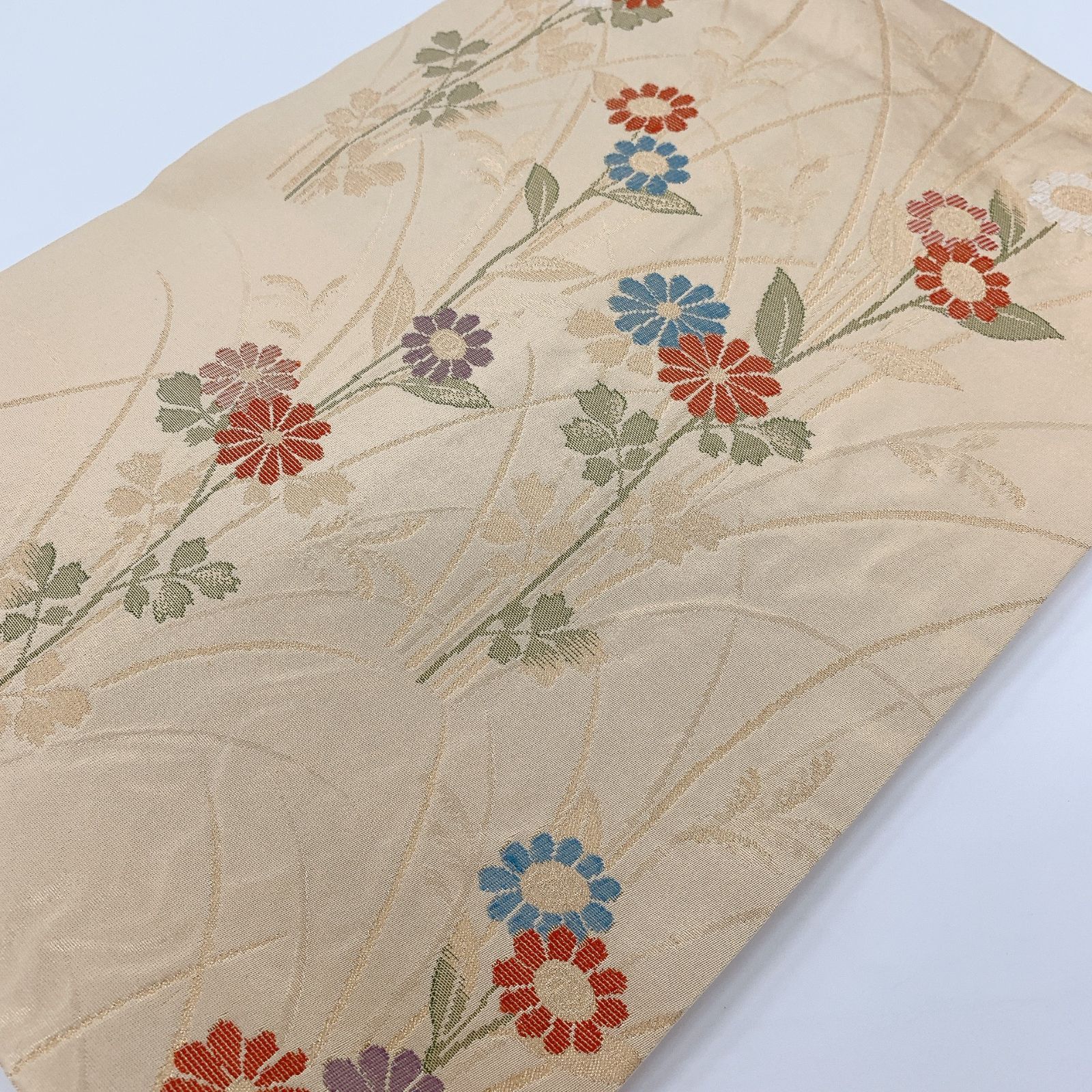 M*E様 作家物 名古屋帯 塩瀬 枝花模様に鳥 九寸 正絹 着物 RO-4875 M*E