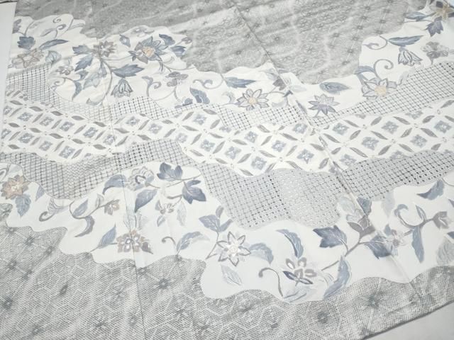 スワトウ刺繍　刺繍　染め大島紬　訪問着　着物　041w 染大島 汕頭刺繍 訪問着 本場大島紬 花柄 正絹 若菜色 黄緑 789