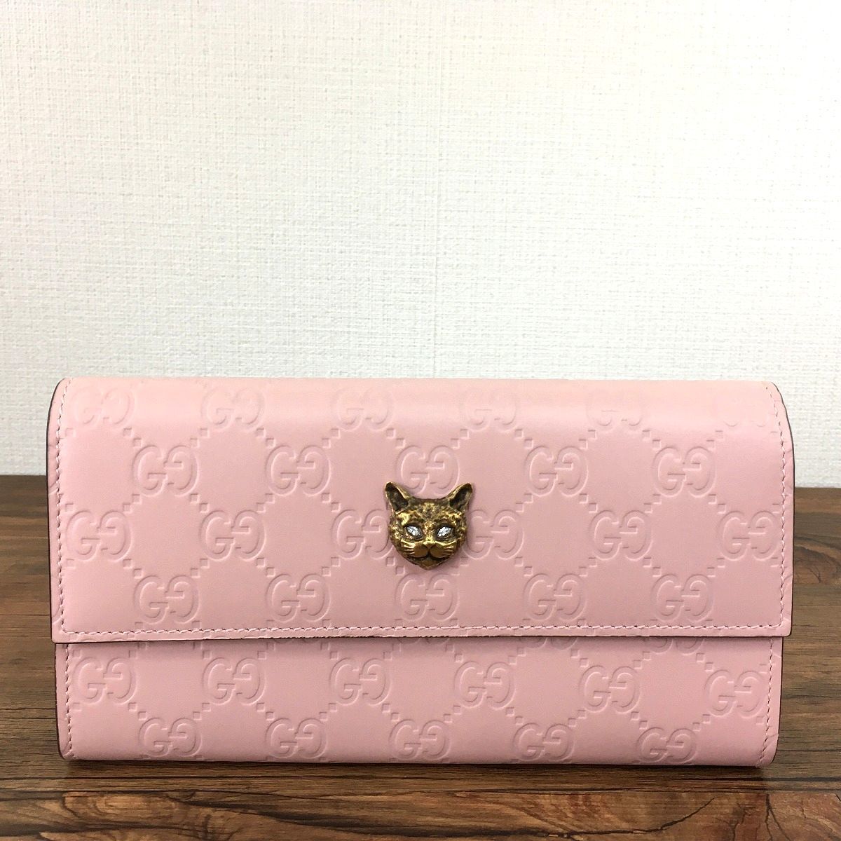 極美品 GUCCI レザー 長財布 リネアキャット 猫 GG柄 シマ ブラック - 小物