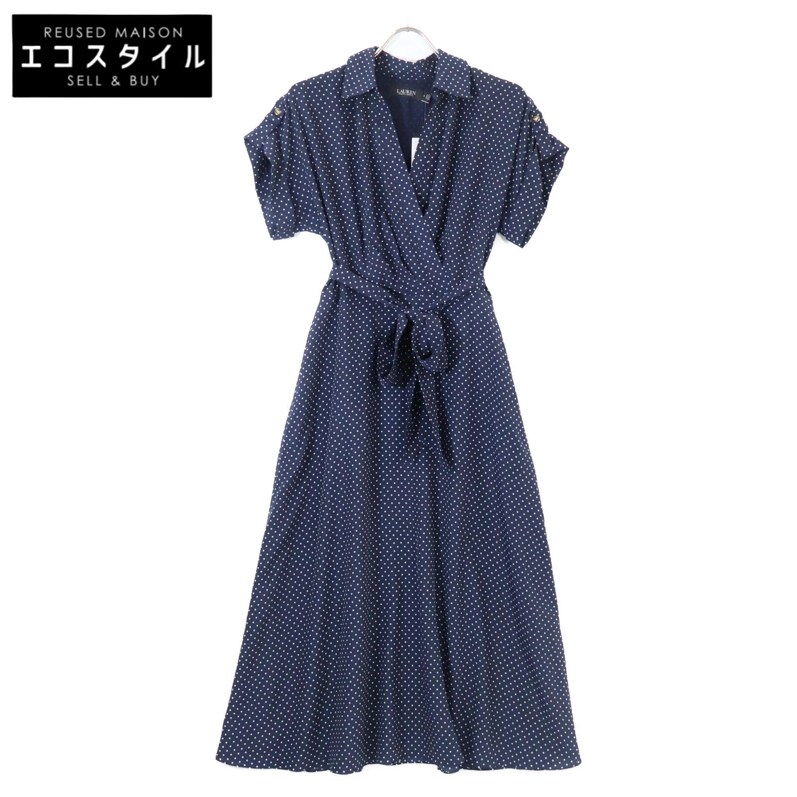 LAUREN RALPH LAUREN ローレン ラルフローレン WMLDDRSSN820091 ネイビーポルカドット ベルテッド クレープ ドレス 0