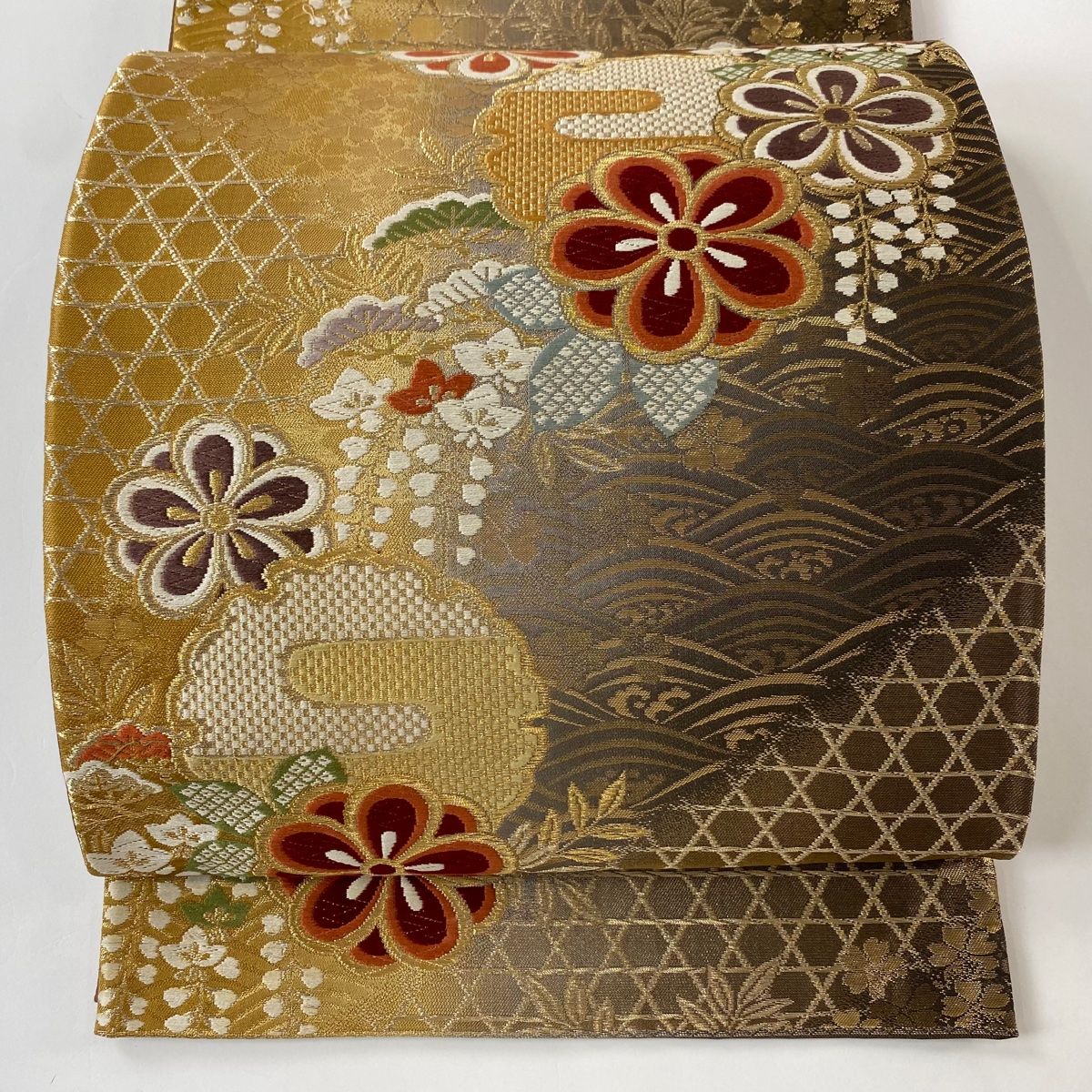 袋帯 秀品 関西仕立て 雪輪 草花 金糸 箔 茶色 六通 正絹