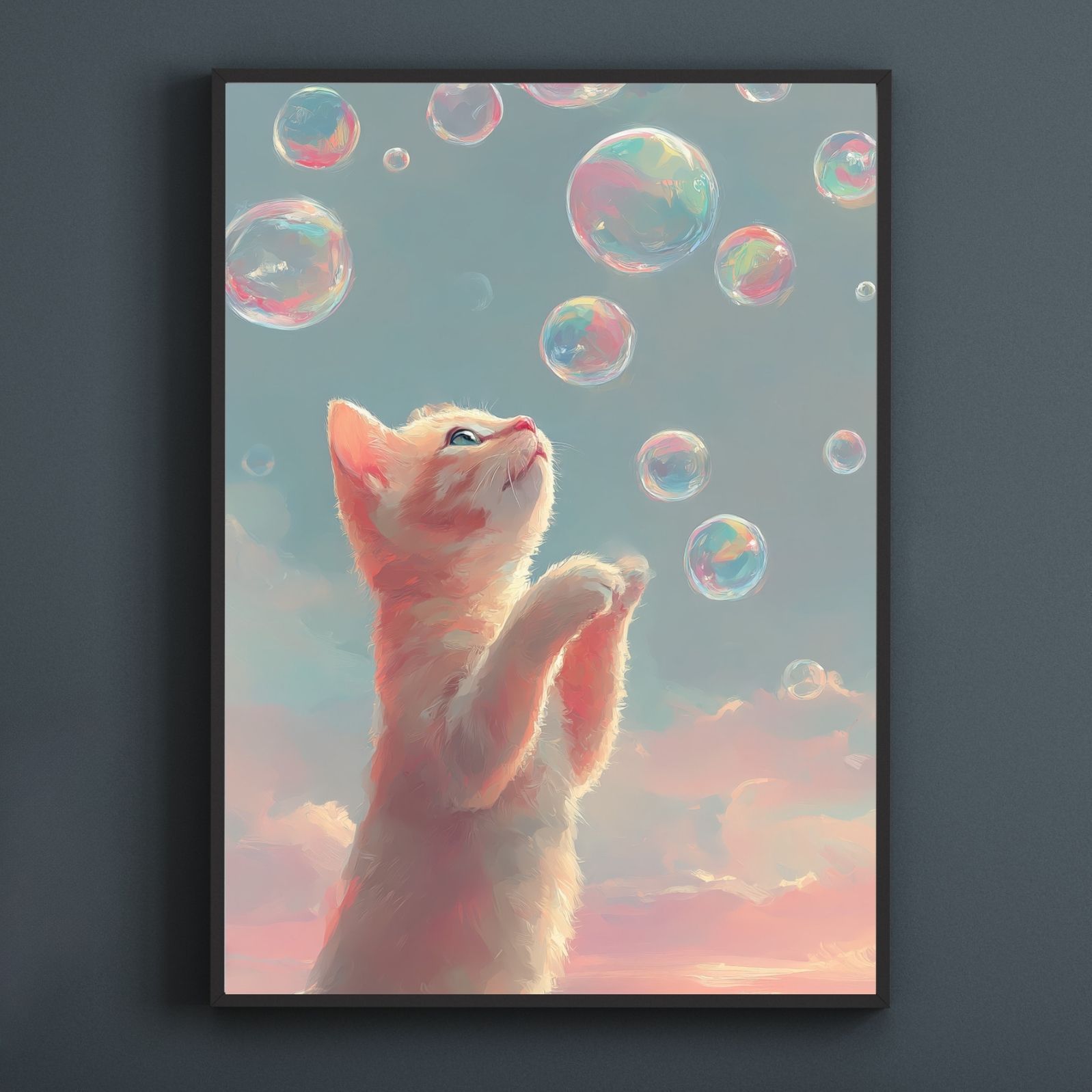 名入れOK 猫とシャボン玉 - マンチカン猫No.1 アートポスター ペットロス うちの子記念日 北欧 ナチュラル