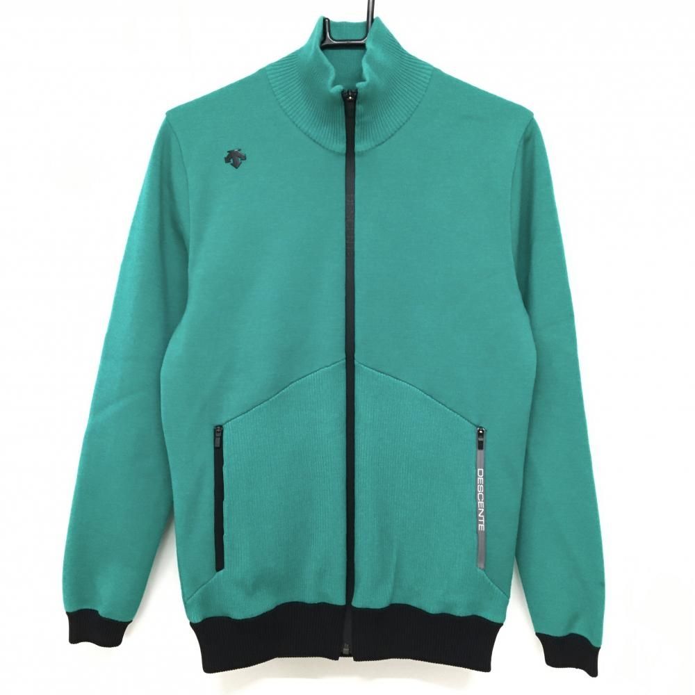 デサントゴルフ 中綿ニットジャケット グリーン×黒 裏地一部中綿 背面一部透かし編み ウール混 メンズ L ゴルフウェア DESCENTE