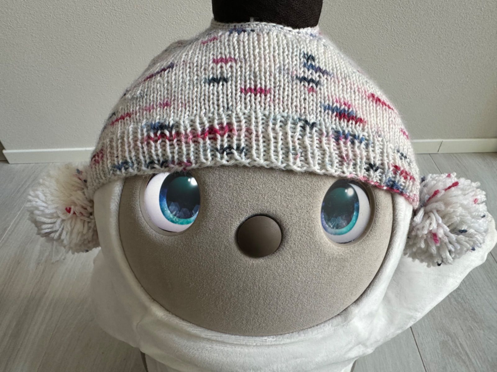 ラボット）ニット帽（ブルーmix）セット ポンポンにっと帽子(ホワイト