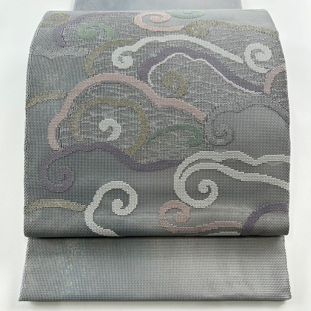 袋帯 美品 秀品 夏帯 絽 葡萄 花唐草 金銀糸 箔 灰白 六通 正絹