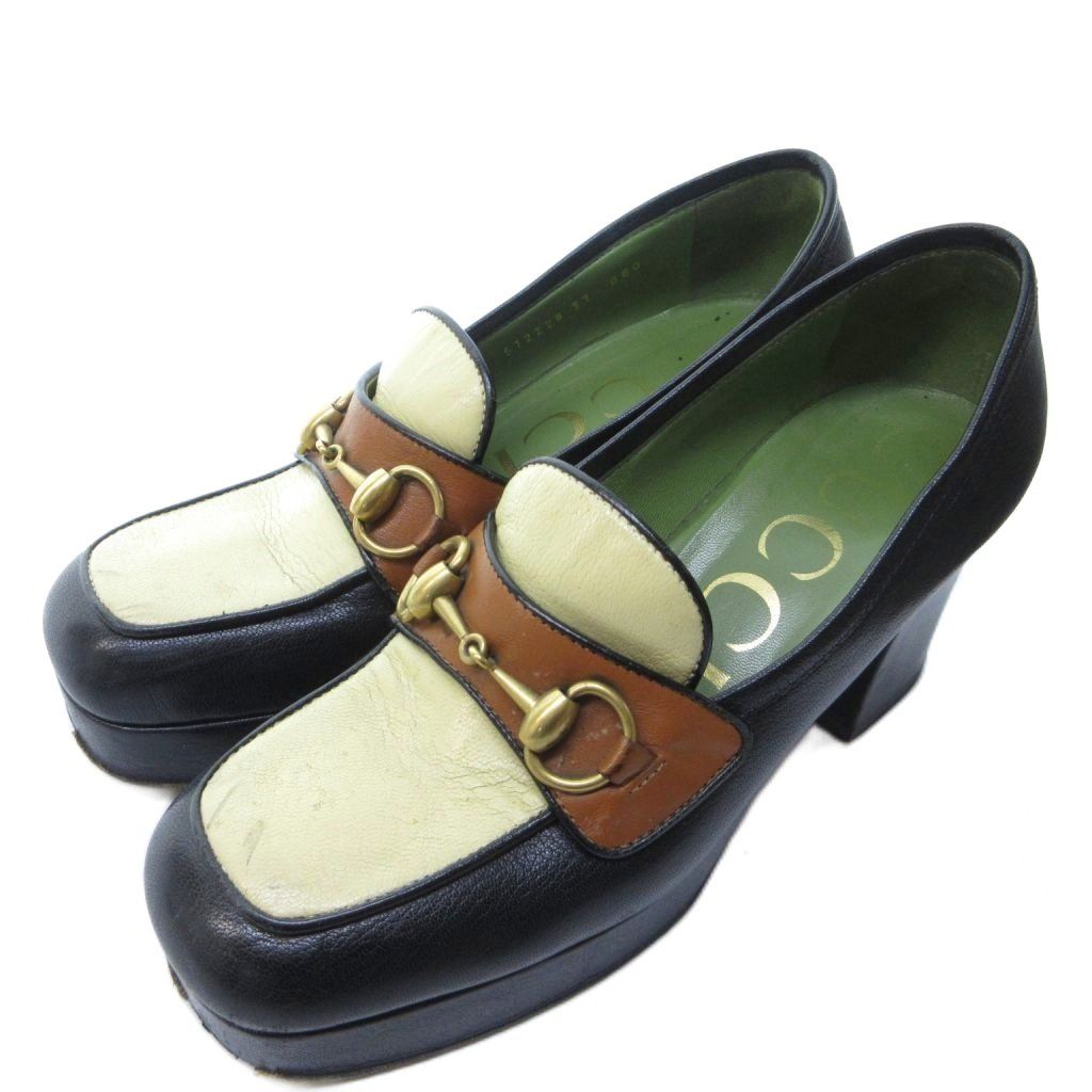 グッチ GUCCI ホースビット プラットフォーム パンプス ローファー スクエアトゥ 黒 ブラック 白 ホワイト 約24cm IBO81