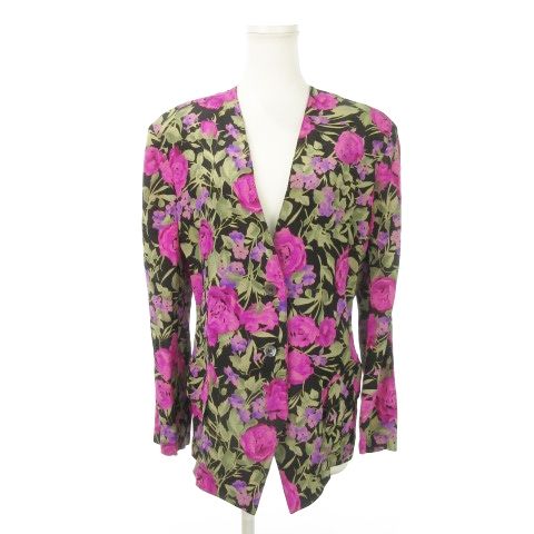 ランバン LANVIN スーツ セットアップ 2点セット ノーカラージャケット 背抜き ワイドパンツ シルク 絹 花柄 小さいサイズ 44 XS 黒 ブラック |MN1 GY18