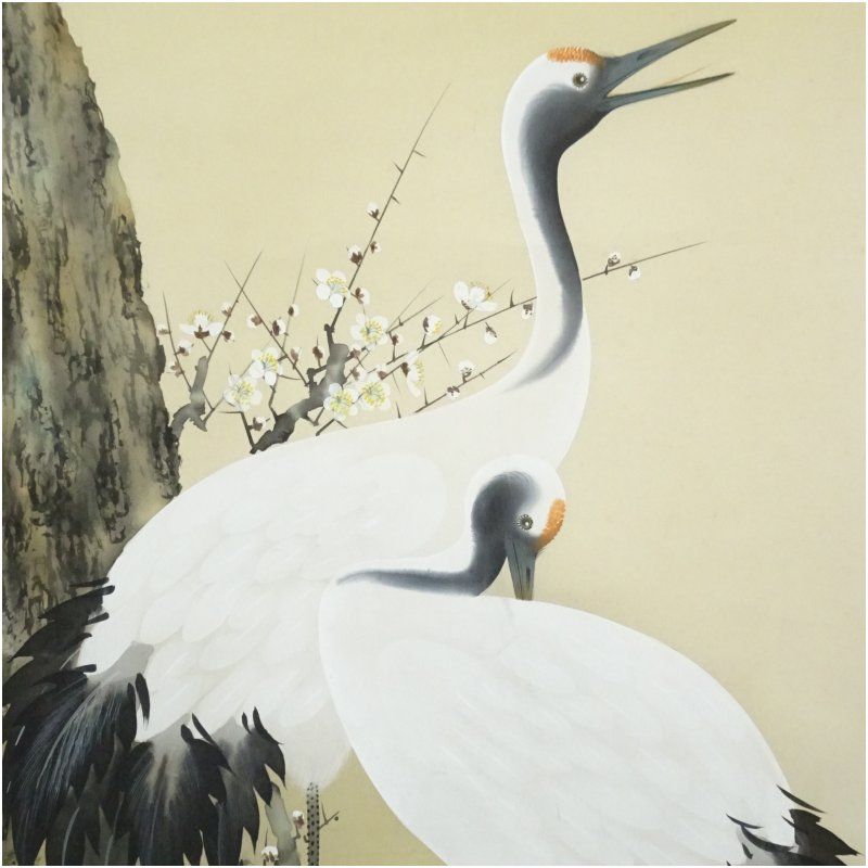 【絹本】肉筆掛け軸花鳥画　細筆画「鶴と松」美術品　絵画　和室　茶室　床の間 絹本】肉筆掛け軸花鳥画 細筆画「鶴と松」美術品 絵画 和室 茶室