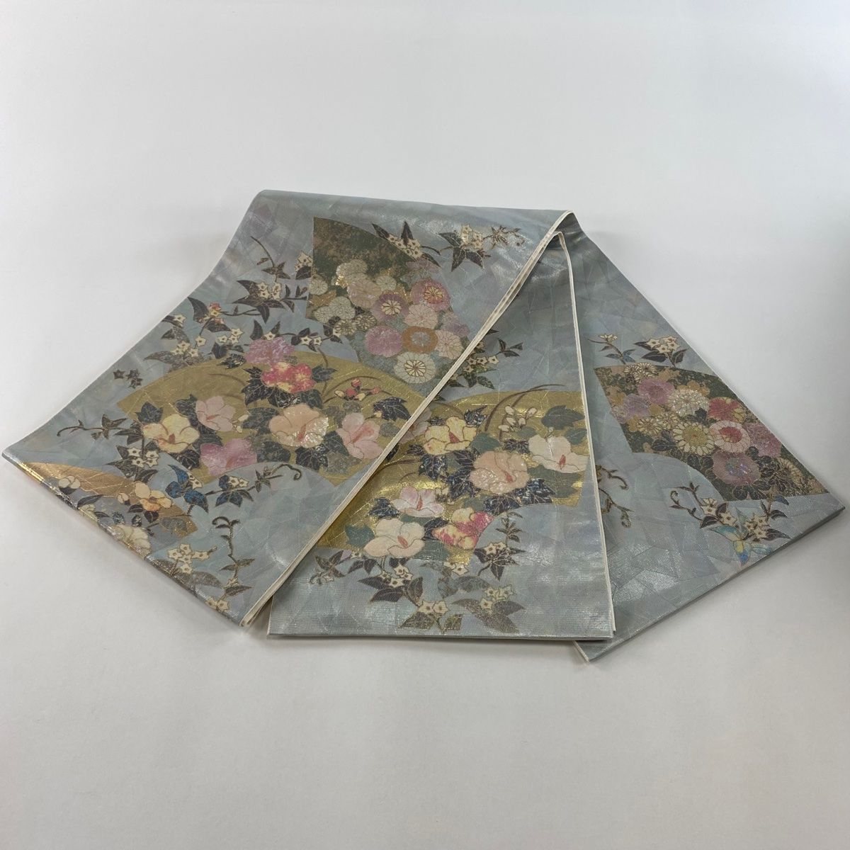 袋帯 美品 秀品 扇面 草花 金彩 螺鈿箔 水色 お太鼓柄 正絹 【中古