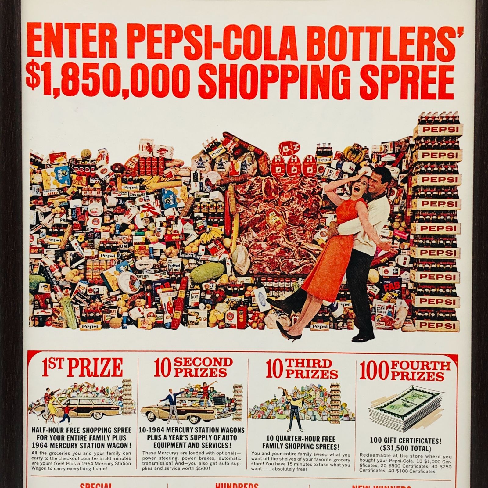 PEPSI 『 ペプシコーラ (Pepsi )』ビンテージ 広告　60年代　フレーム 付 ポスター 当時物 額付 LIFE 雑誌 アンティーク