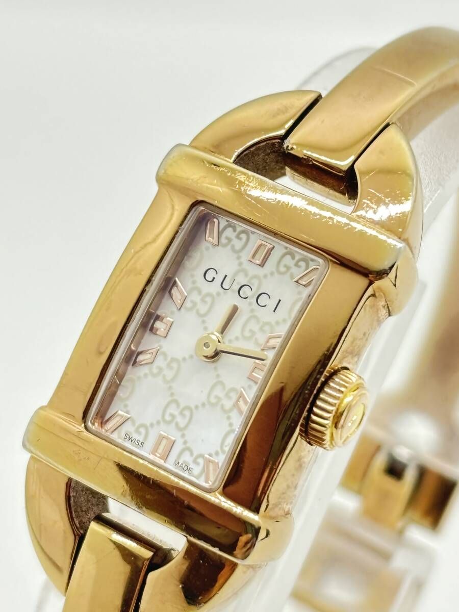 GUCCI 6800 ゴールドレクタングル時計 Exc+5] GUCCI 6800L ゴールドバングル GGダイヤル レディース