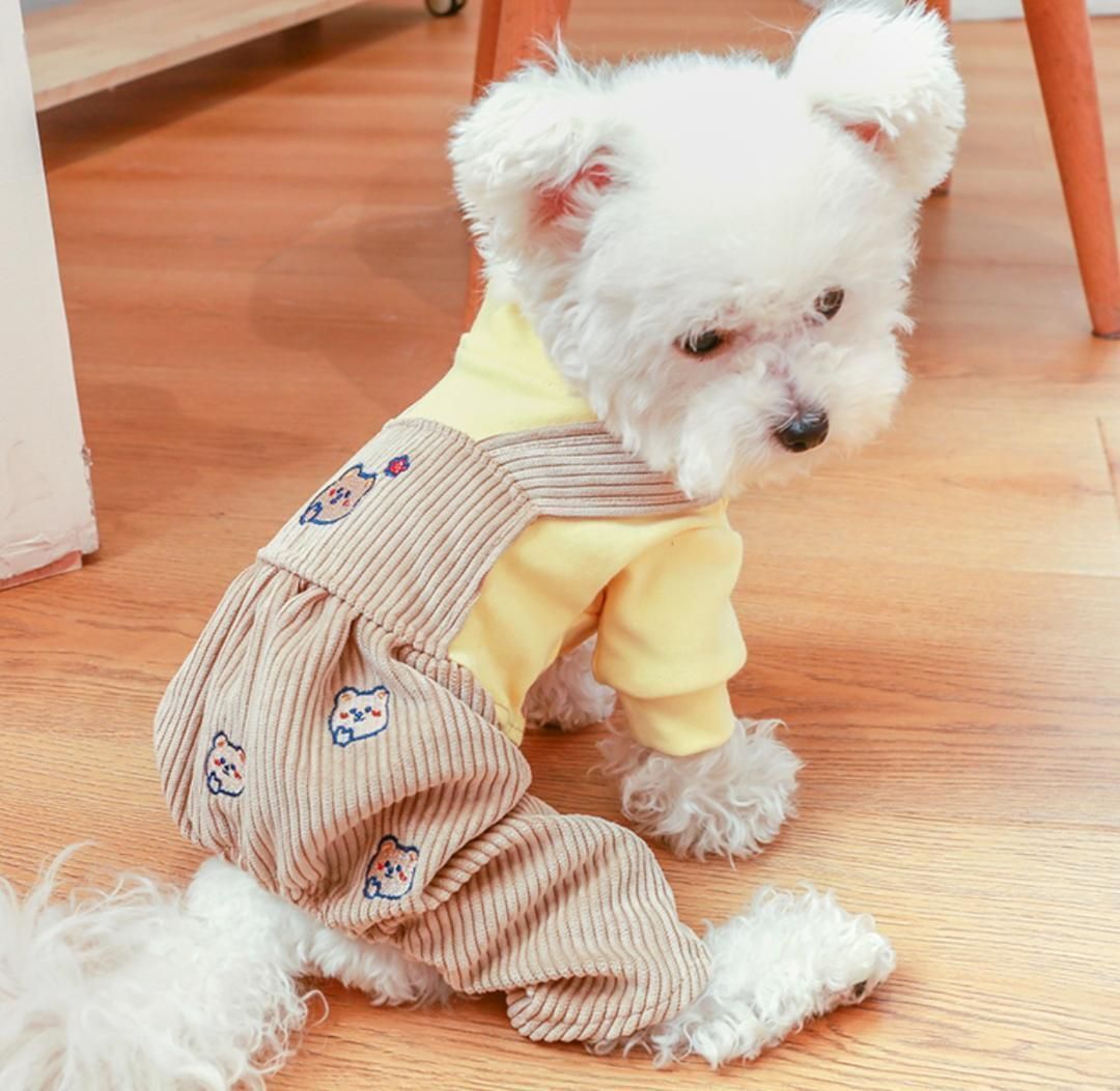 犬服 可愛い オーバーオール S XS 黄色 熊さん 刺繍 犬の服 ドッグ