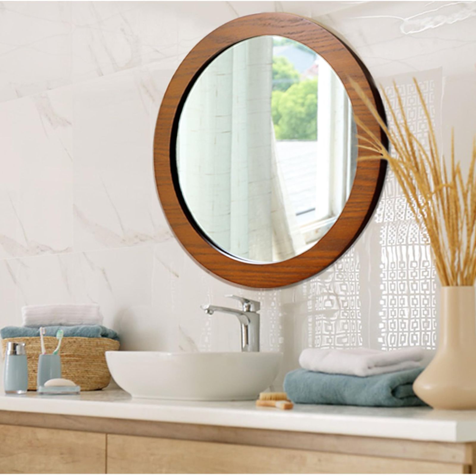 ☆壁掛けミラー 天然木フレーム 丸型ミラー 玄関 洗面所