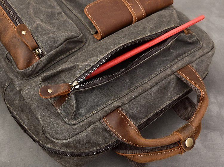 ヴィンテージ風 メンズ オイルワックスキャンバス 縦型 多ポケット 手提げ＆リュックサック K WWW_KARIMZIABAT_FR