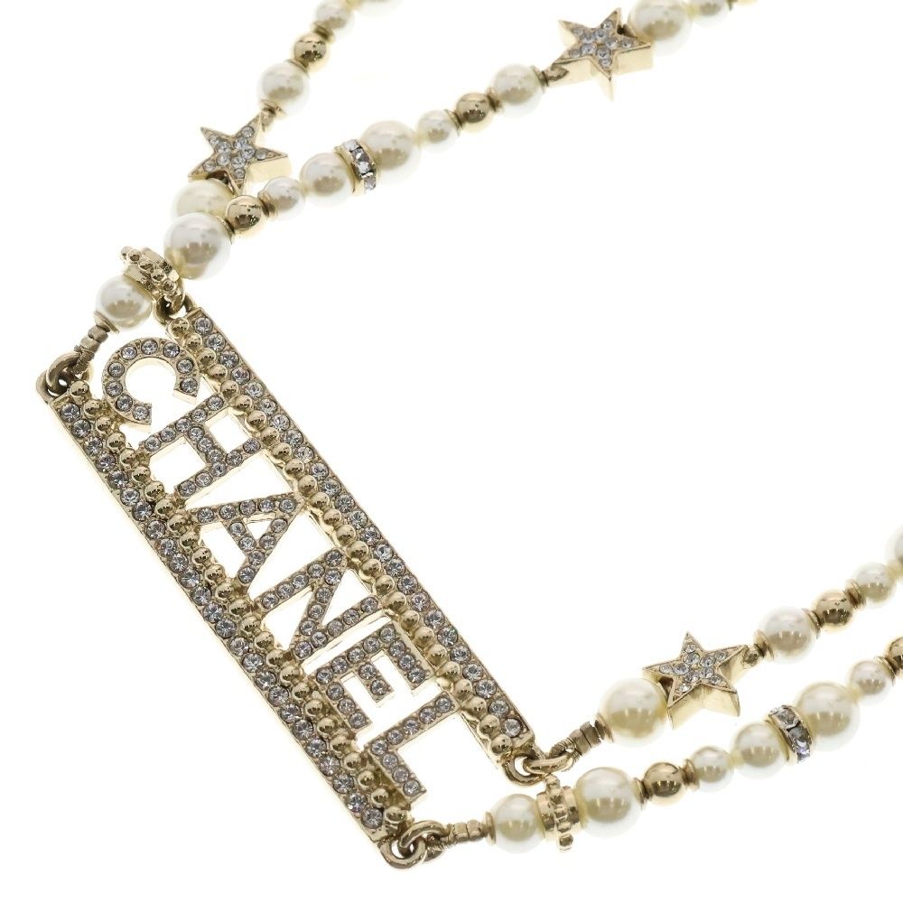 CHANEL シャネル チョーカー ネックレスラインストーン×フェイクパールベルト F23A ゴールド GP チェーン アクセサリー