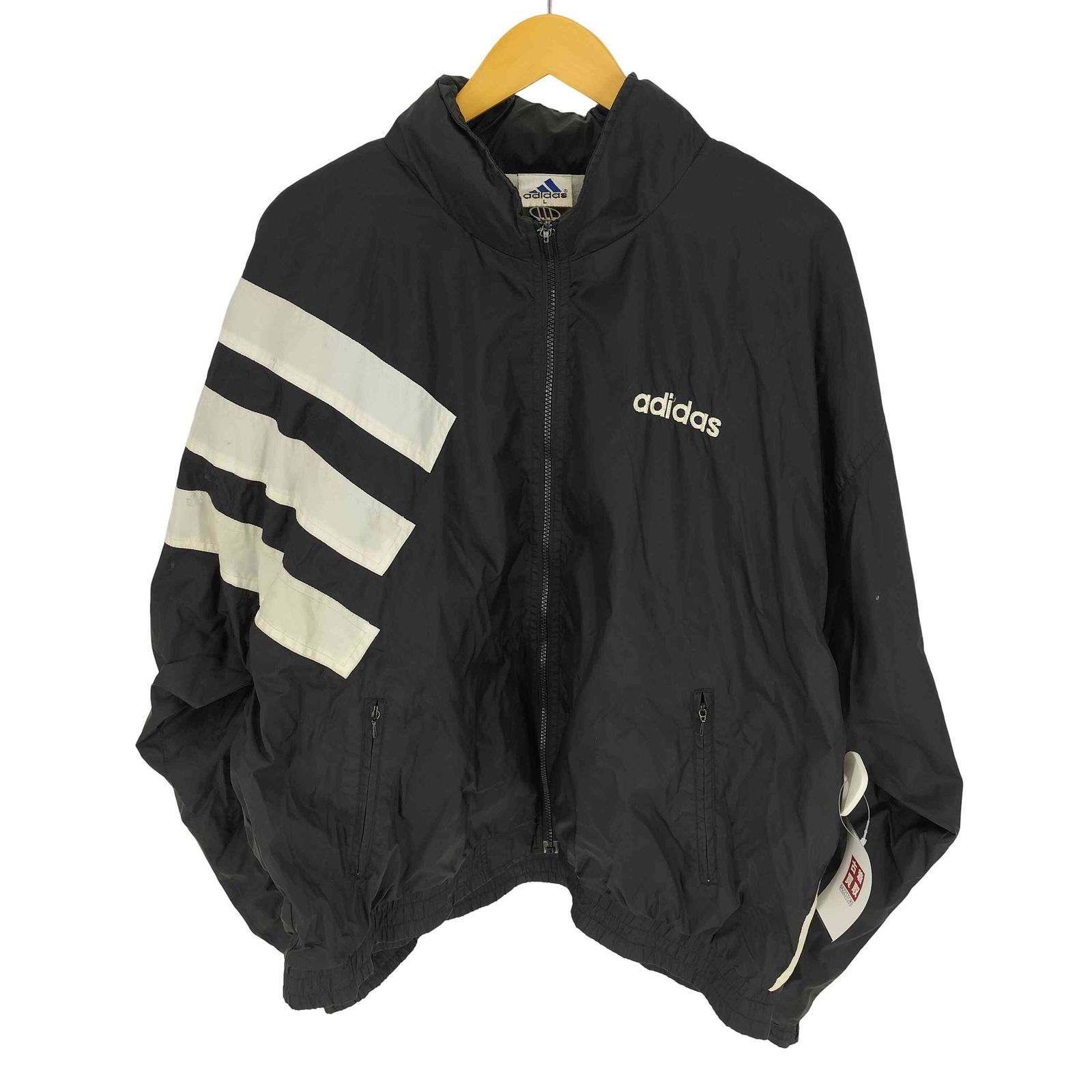 アディダス adidas 90S 万国旗タグ ロゴ刺繍 アシンメトリー スリーストライプ パッカブルフード ナイロンジャケット メンズ import：L