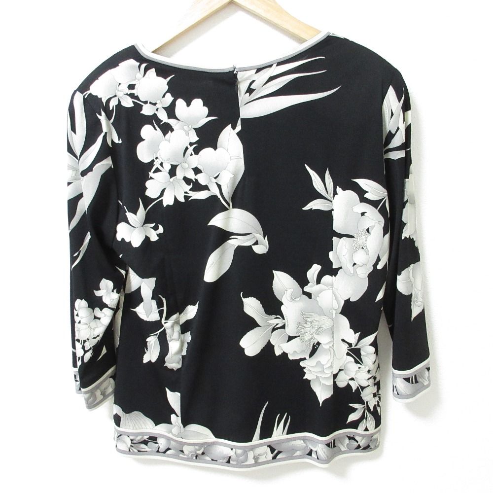 LEONARD レオナール フラワープリント カンカンストレッチ カットソー ブラウス サイズ42 ブラック グレー レディース 古着