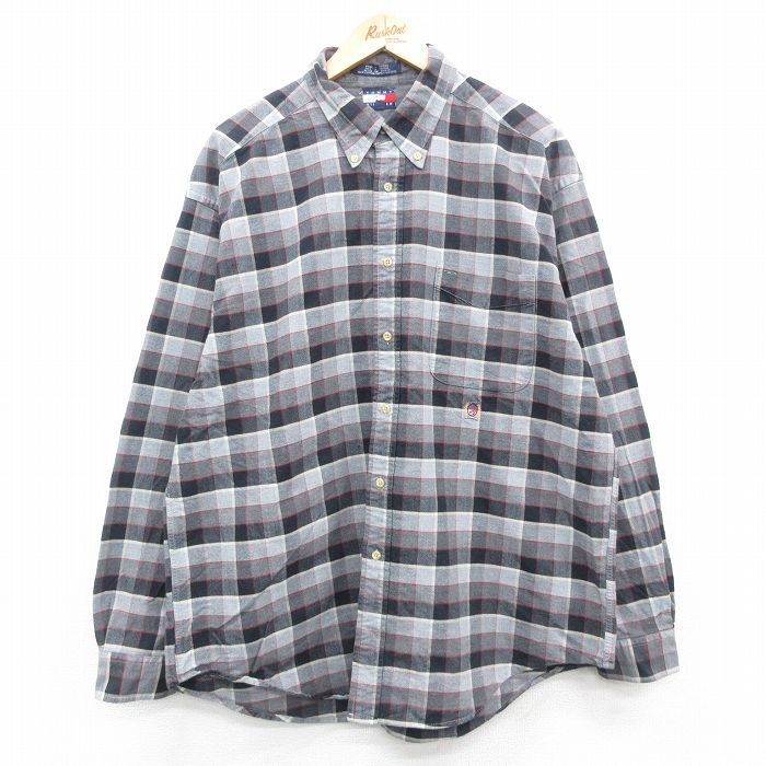 XL/古着 トミーヒルフィガー 長袖 ブランド シャツ メンズ 90s ワンポイントロゴ 大きいサイズ コットン ボタンダウン 黒他 ブラック チェ