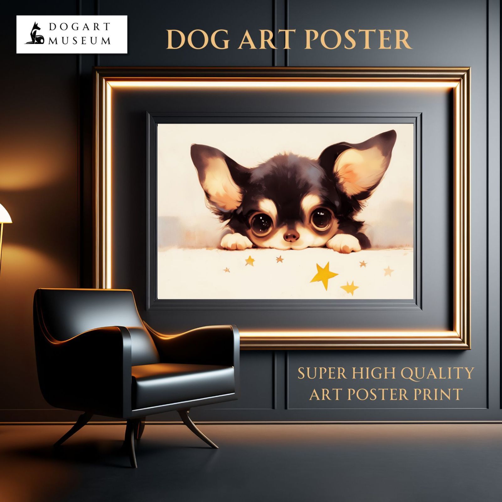 【The Starry Dog（星降る犬） - ブラックチワワの子犬 No.9】星・スター・かわいい・子犬・アートポスター・犬の絵・犬の絵画・犬のイラスト