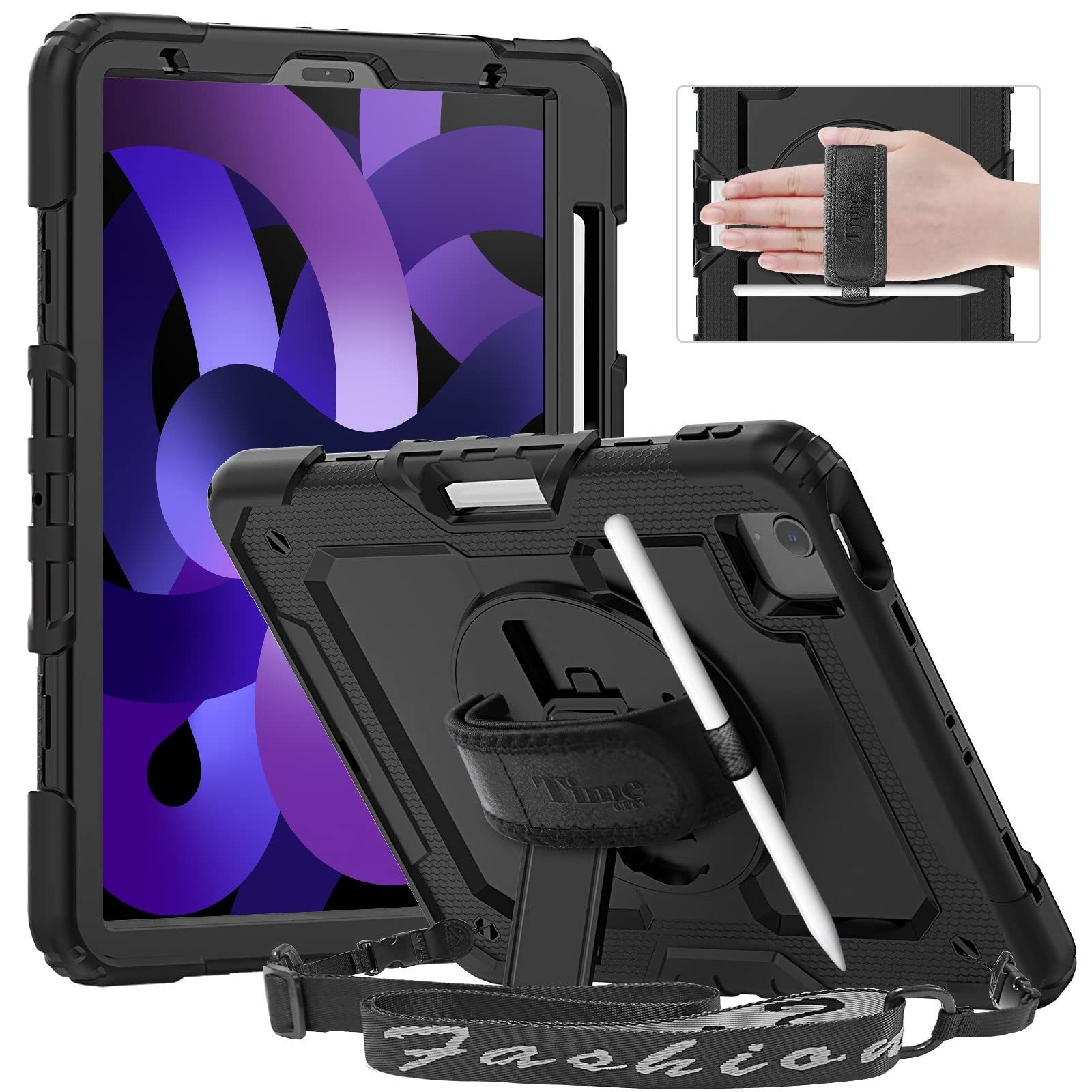 Timecity iPad Air 第5世代 ケース (2022新モデル) 耐衝撃 iPad Air 第4世代 ケース (2020) 三層保護 頑丈 360回転スタンド 画面保護フィルム ショルダーストラップu0026ハンドストラップ ペン収納付き Penci