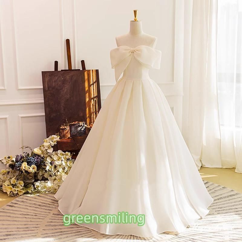 ウェディングドレス ロングドレス オーガンジー プリンセスラインドレス リボン Aラインドレス 二次会 結婚式 前撮り 花嫁 ウエディングドレス ブライダル