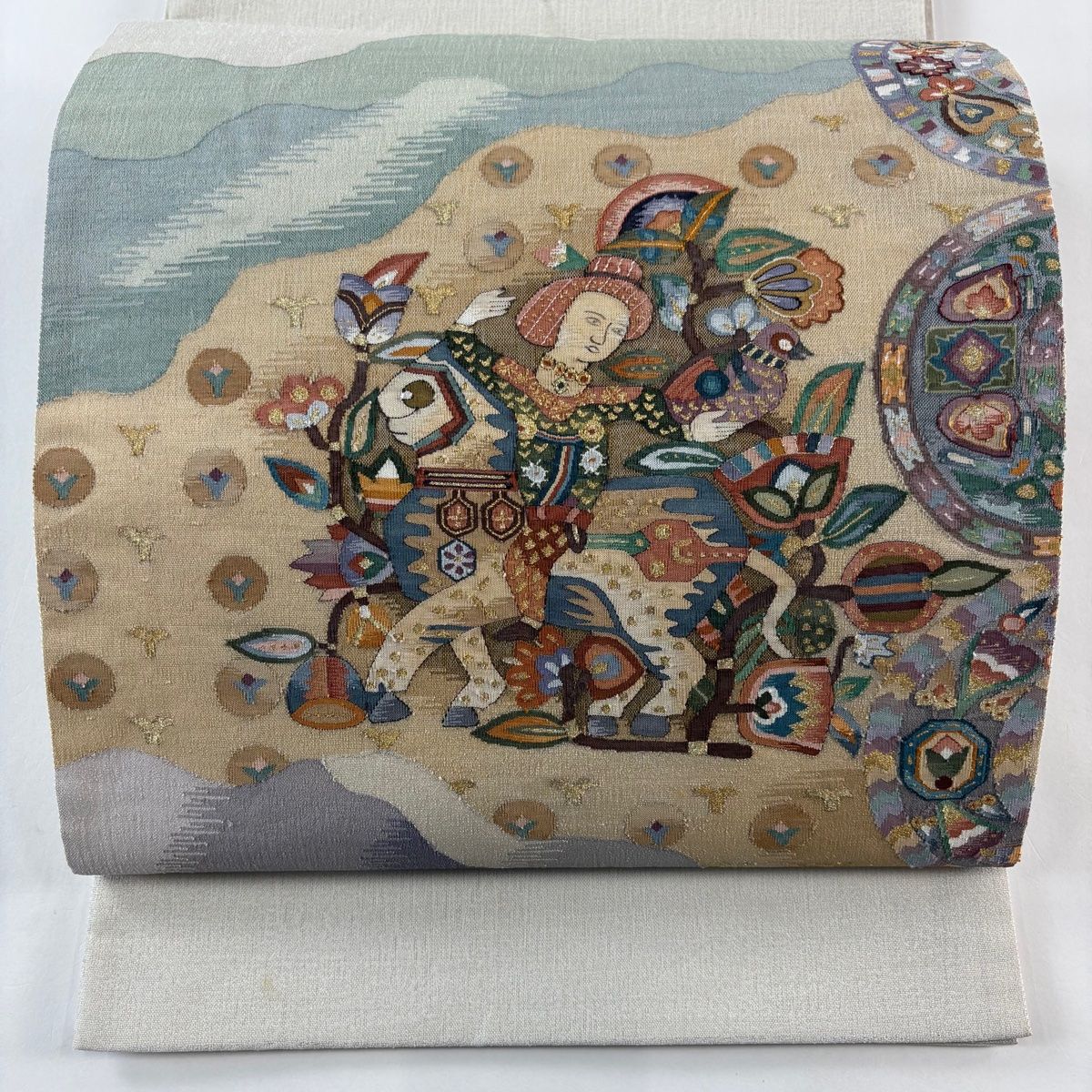 袋帯 人物 動物 金糸 ベージュ お太鼓柄 正絹