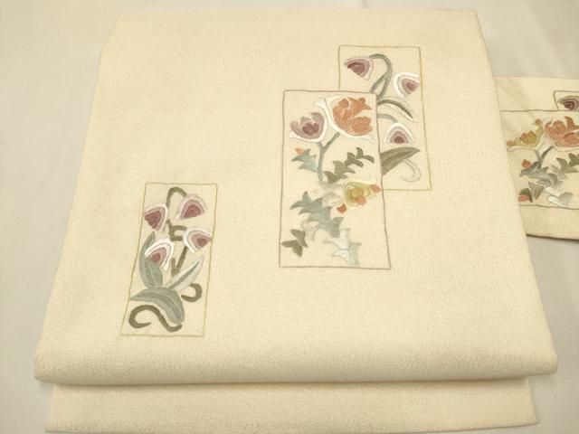 平和屋着物○九寸名古屋帯 総刺繍 綴れ 草花文 正絹 逸品 CAAR1353hy