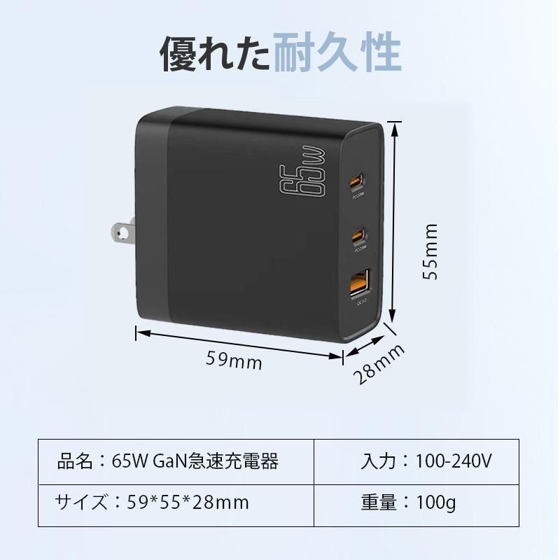 65W急速充電器 GaN搭載