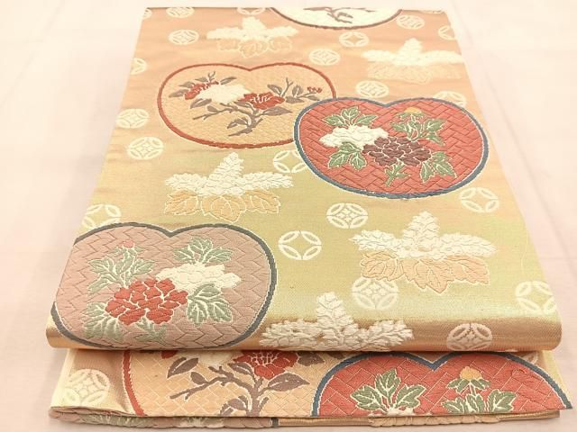 袋帯 扇子に唐織 上品な加工 正絹 AO-2603 平和屋着物◎六通柄袋帯 唐織 花団扇 金糸 正絹 逸品 未使用