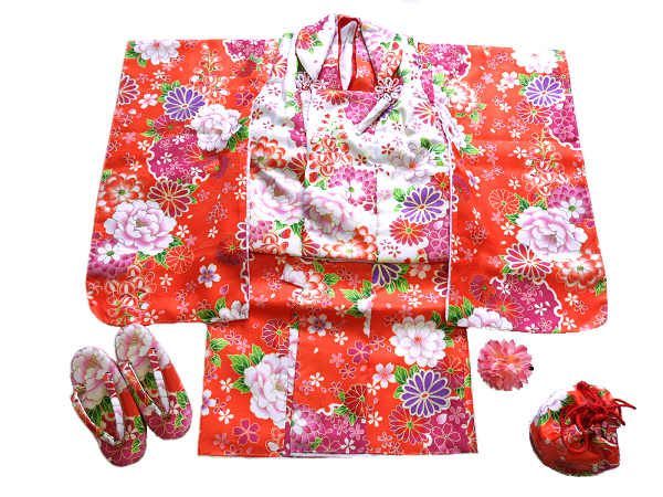 着物美人 送料込み 七五三 3歳着物 女の子 被布セット 3歳女の子被布 3歳女の子着物 3歳被布 女の子着物 女の子被布 子供被布 子供着物 七五三被布 七五三着物 女児 キッズ 3歳-5歳 オレンジ 白 花 m503082