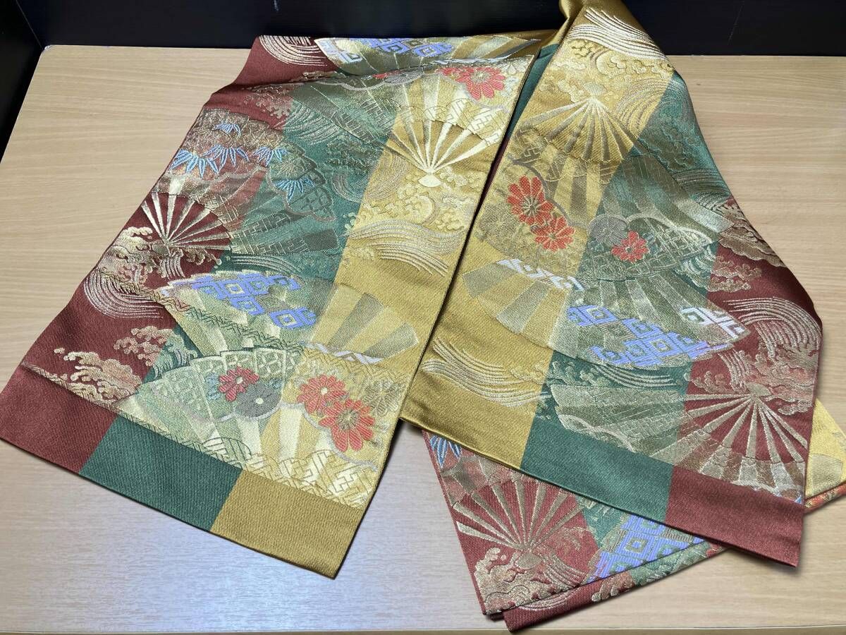 未仕立て品 袋帯 檜扇 紗綾形 花 竹 六通柄 帯丈約440cm - メルカリ