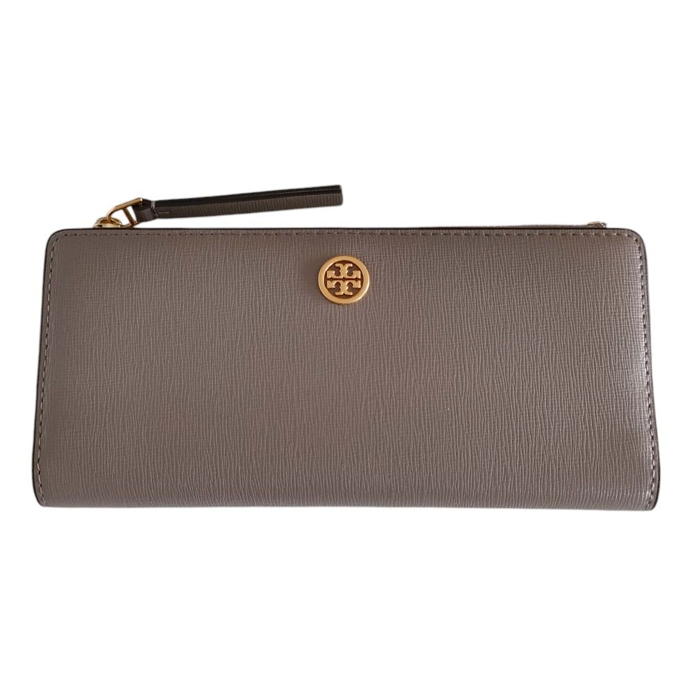 TORY BURCH トリーバーチ ROBINSON ZIP SLIM WALLET ロビンソン レザー ラウンドファスナー ロングウォレット 長財布 グレージュ レディース 古着