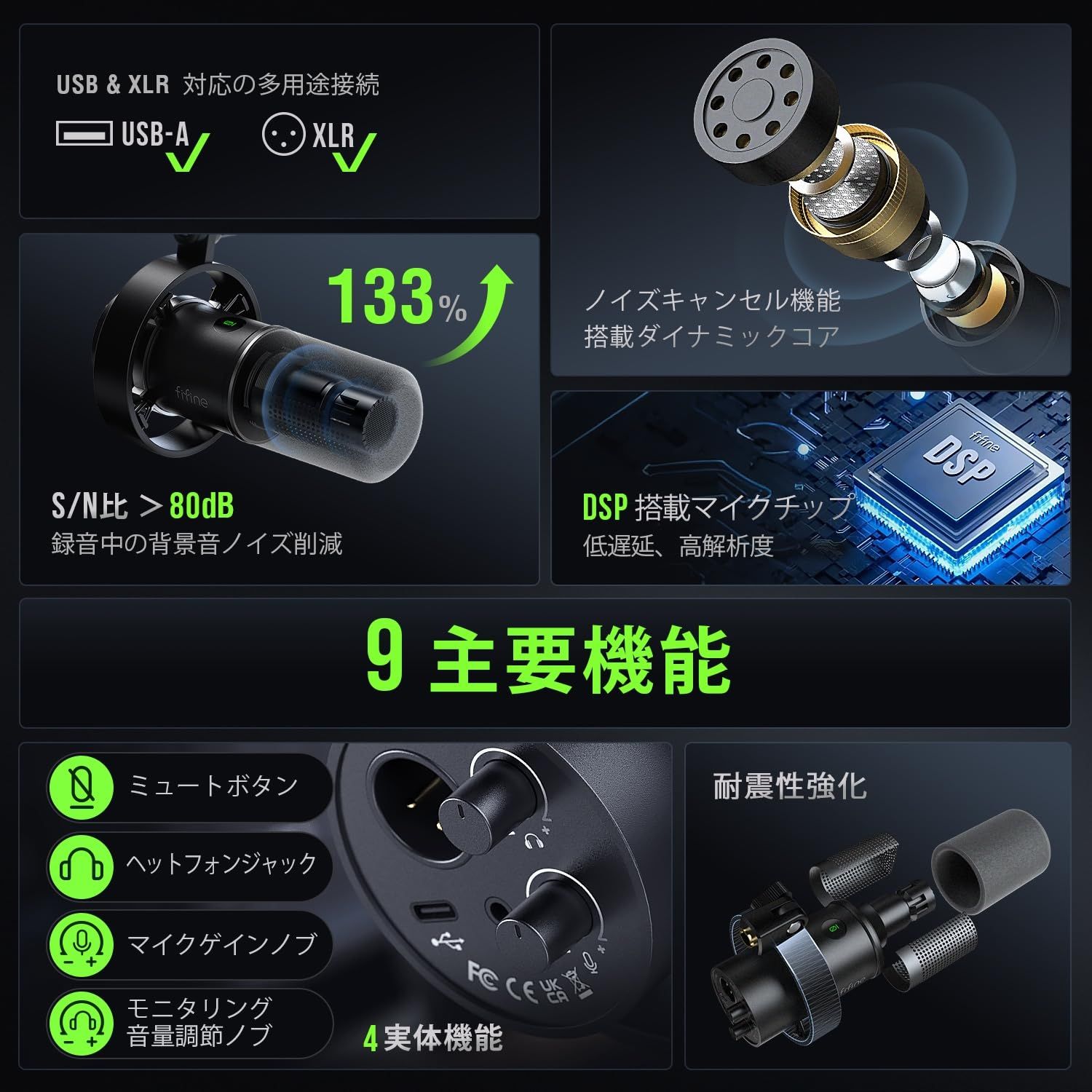 イヤホン出力端子付き PC プレステ サウンドカード ミキサー対応 ワンタッチミュート グレイ風防付き USBケーブル付属 ゲーム実況 カーディオイドパターン単一指向性 ボイスチャット ライブ配信 USB XLR接続 ポッドキャスト テレワーク ダイナミッ