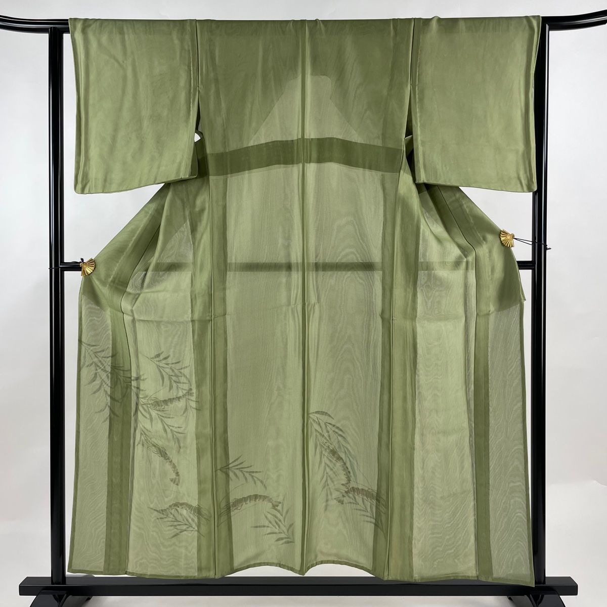 付下げ 身丈153.5cm 裄丈64.5cm M 紗絽袷 柳 海老 鶯色 正絹 美品 名品  