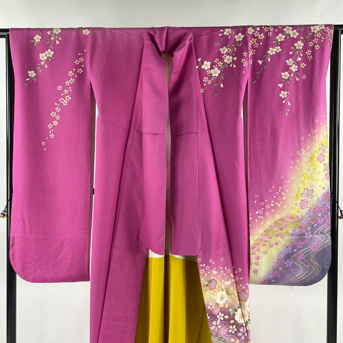 振袖 身丈164cm 裄丈69.5cm L 袷 蝶 草花 ぼかし 縮緬 紫 正絹 名品