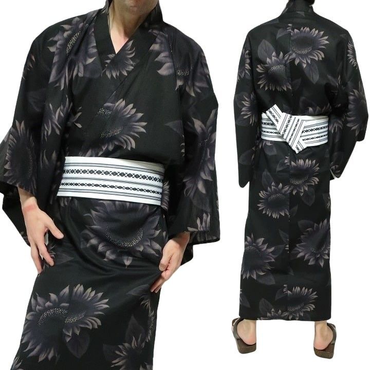 浴衣 メンズ セット ゆかた/帯/2点セット ひまわり/向日葵 和柄/和風 服 メンズ 通販 祭り おしゃれ ユカタ 紳士 黒 お祭り 花火 メンズファッション 和服 ブラック/白帯 サイズM-L-XL
