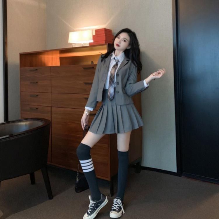  4点セット プリーツスカート 制服 コスプレ衣装 ジャケット 女の子 中学生 制服 白シャツ 上下セット JK制服 長袖 おしゃれ ネクタイ スクール 女子高校生 高校生 ブレザー 学生服 韓国 学#cjfj144765